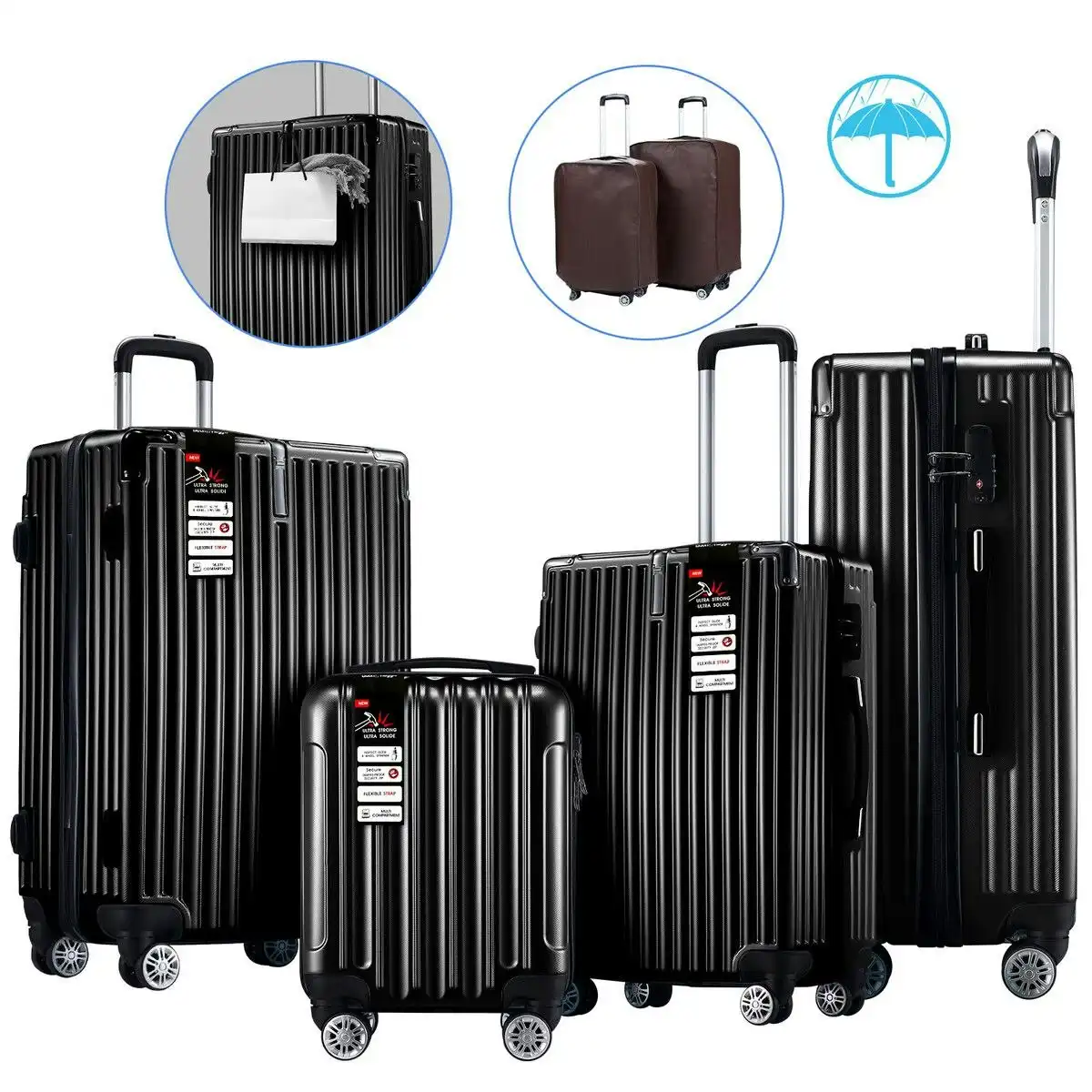 Buon Viaggio 4 Piece Luggage Set Carry On Traveller Suitcases Hard Shell Rolling Trolley Checked Bag TSA Lock Front Hook Lightweight Black