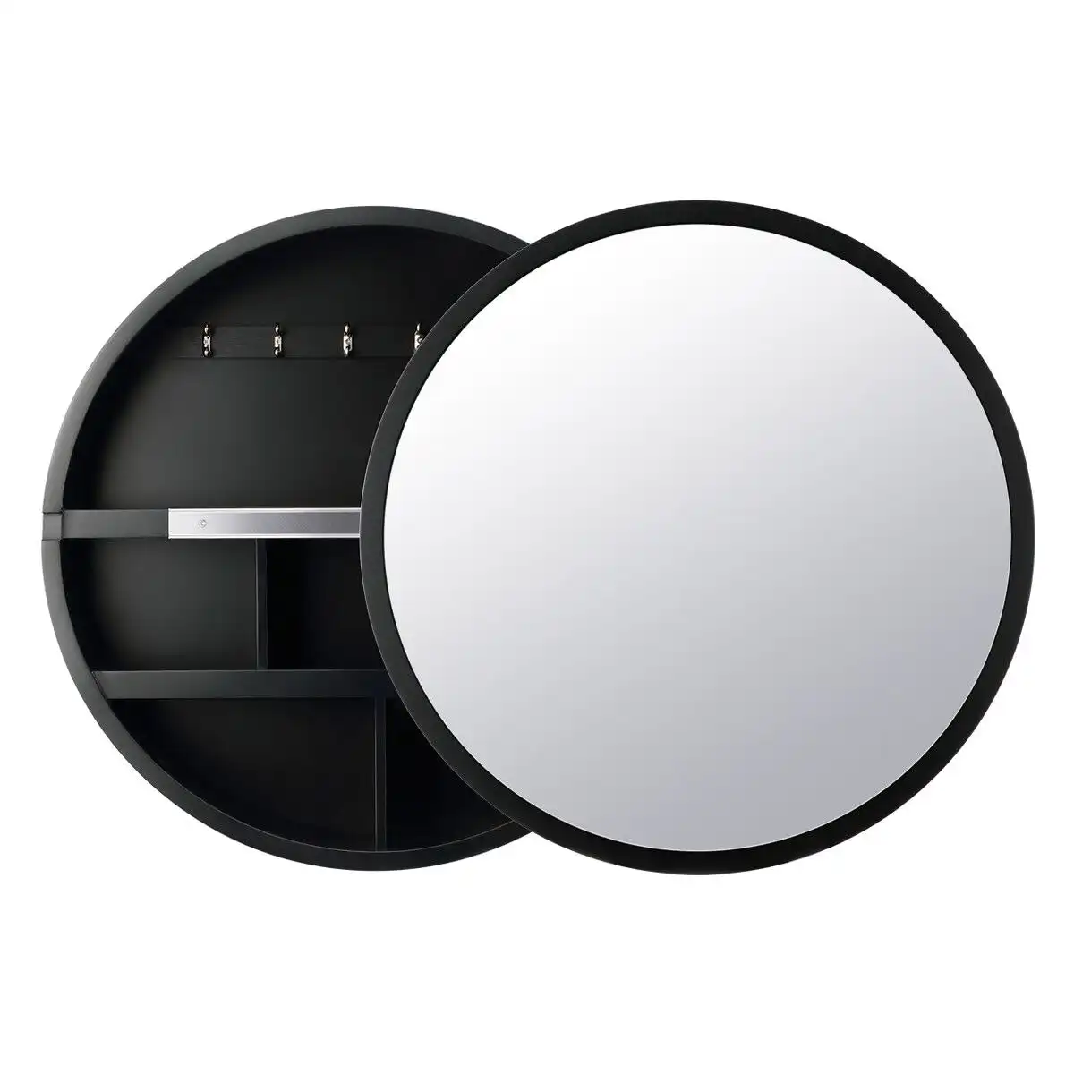 Ausway Bathroom Mirror Cabinet Medicine Vanity Round Wall Mirrored Cupboard with Storage Sliding Door Black 60cm Diameter
