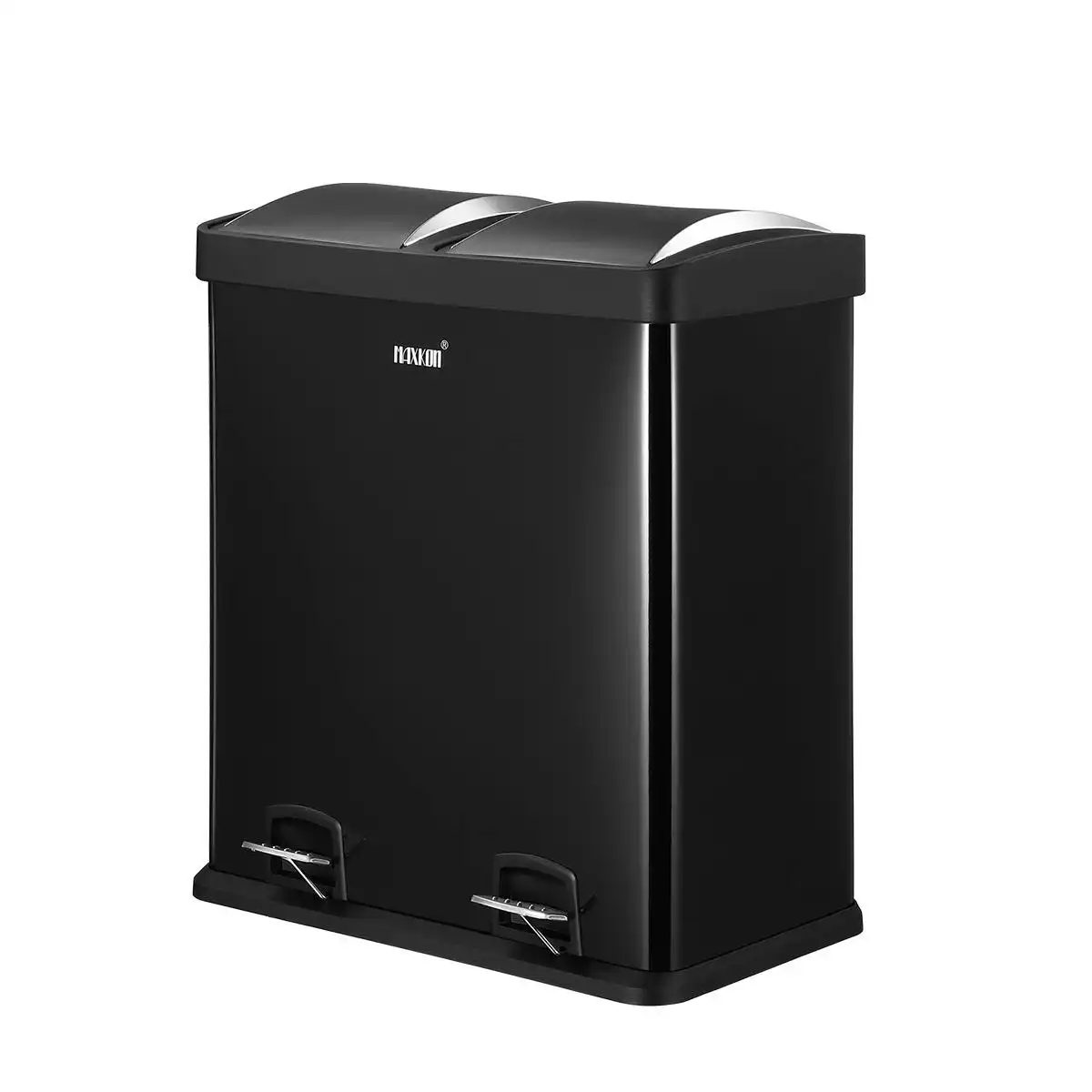 Maxkon 60L Dual Compartment Pedal Bin Kitchen Recycling Waste Bins Coated Steel Black