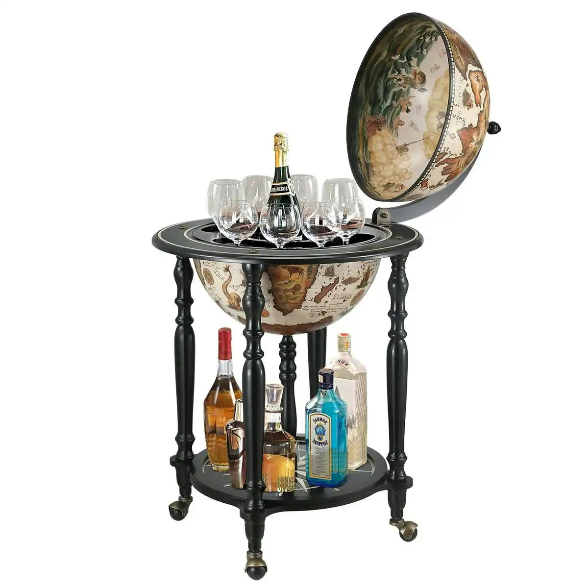 Ausway Antique Globe Alcohol Cabinet Round Mini Bar Drinks Serving Trolley Cart Wine Rack Mid-century