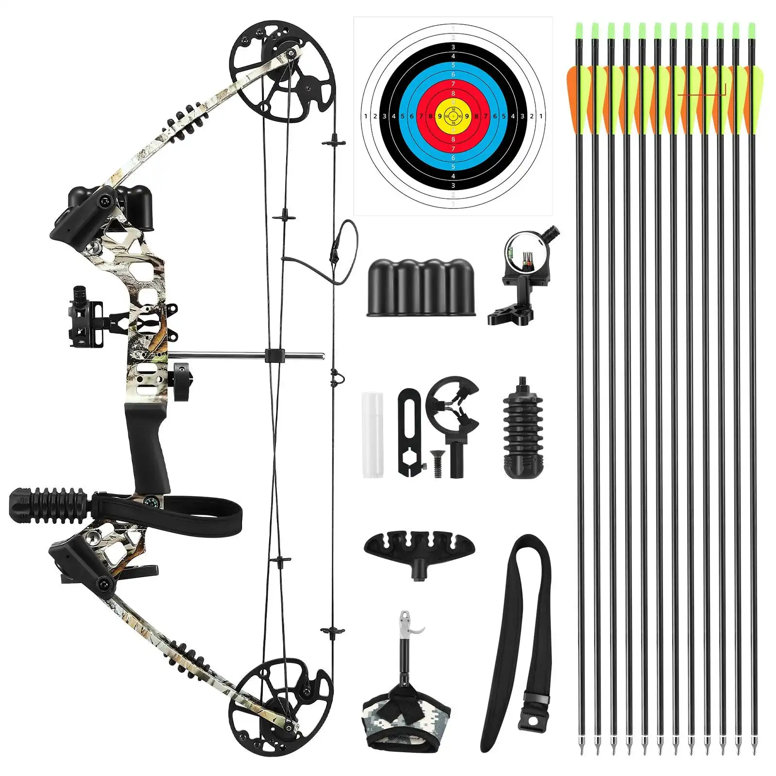 Ausway Compound Bow Arrow Set Archery Sports Hunting Target Shooting RH 20-70lbs Adjustable 320fps Speed for Beginner Master Camo