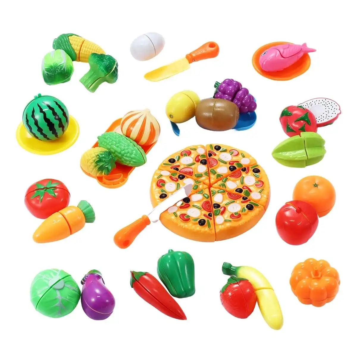 Ausway 62 Pieces Kitchen Pretend Play Food Set for Kids Cutting Fruits Vegetables Pizza Toys Set