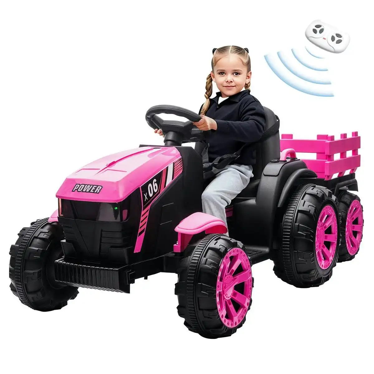 Ausway Kids Electric Cars Ride On Toy Tractor Trailer Vehicle Parental Remote Control Pink 12V Battery MP3 Safety Belt LED Light