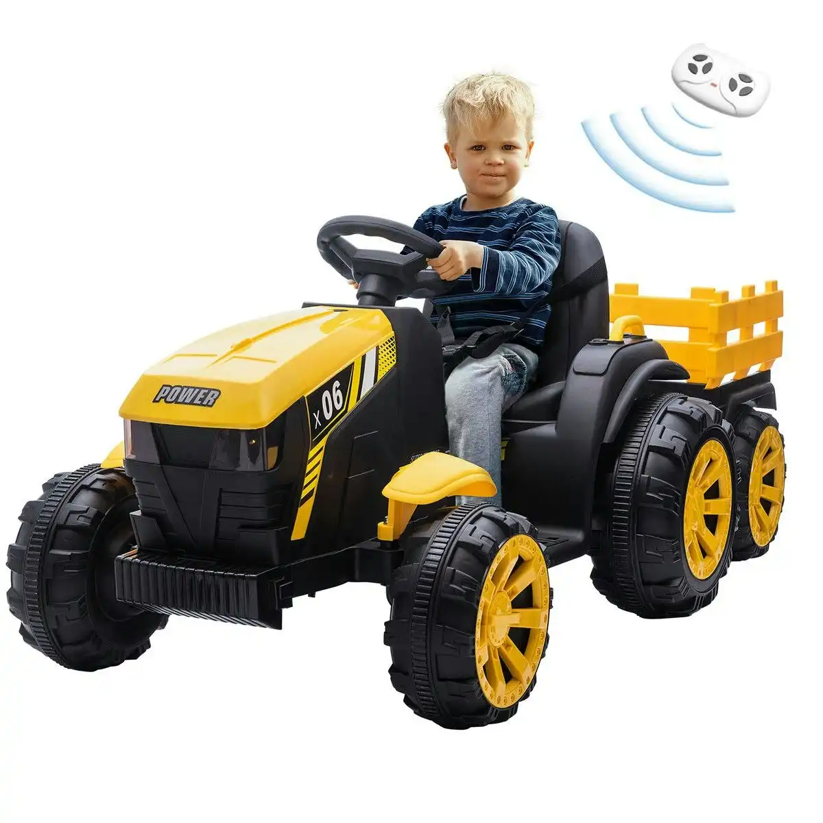 Kidbot Kids Ride on Tractor Remote Control 12V Battery Electric Car Toy Vehicle Trailer MP3 Player Safety Belt LED Light Yellow