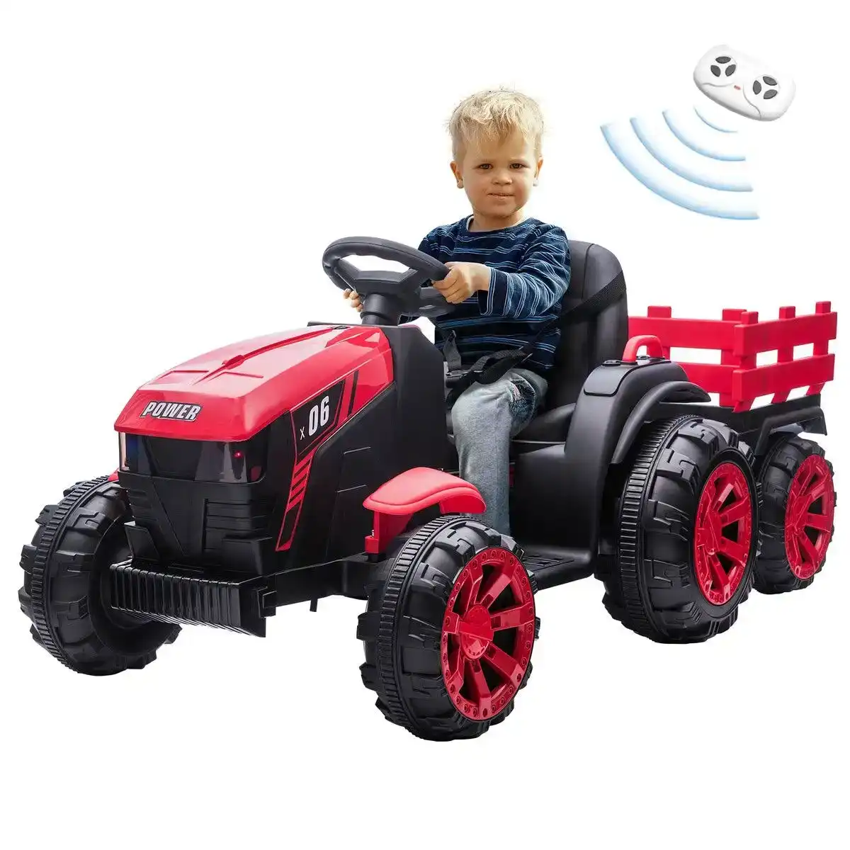 Kidbot Ride on Car Remote Control Kids Tractor 12V Battery Electric Toy Vehicle Trailer MP3 Player Safety Belt LED Light Red