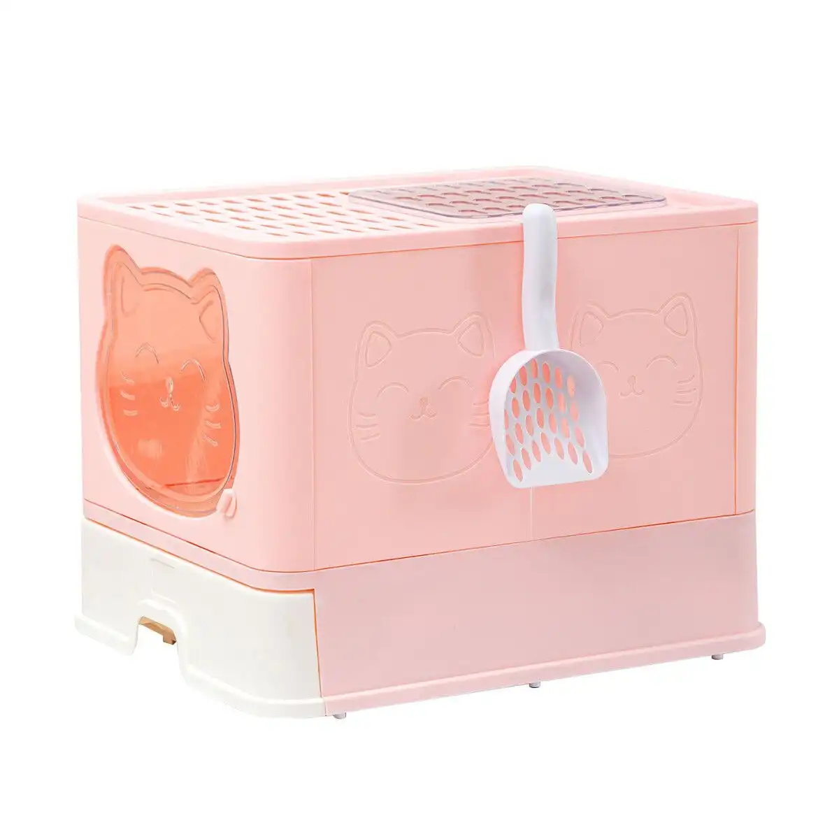 Pet Scene Cat Litter Box Kitty Toilet Training Enclosed Front Top Entry Lid Large Covered Hooded Kitten Potty Pan Furniture Scoop Foldable Pink