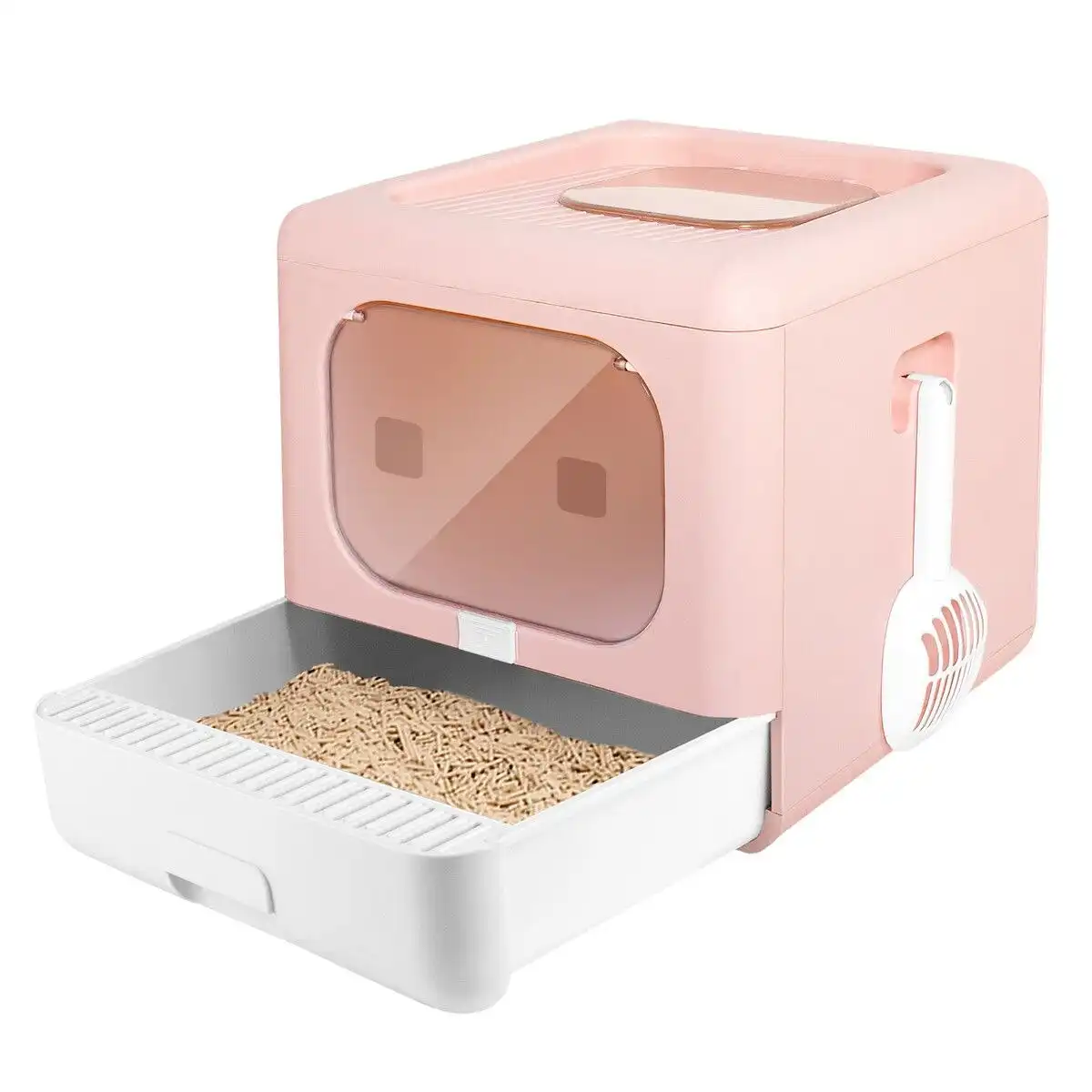 Pet Scene Cat Litter Box Top Entry Kitty Enclosed Tray Pet Toilet Large Covered Hooded Furniture Foldable Pink