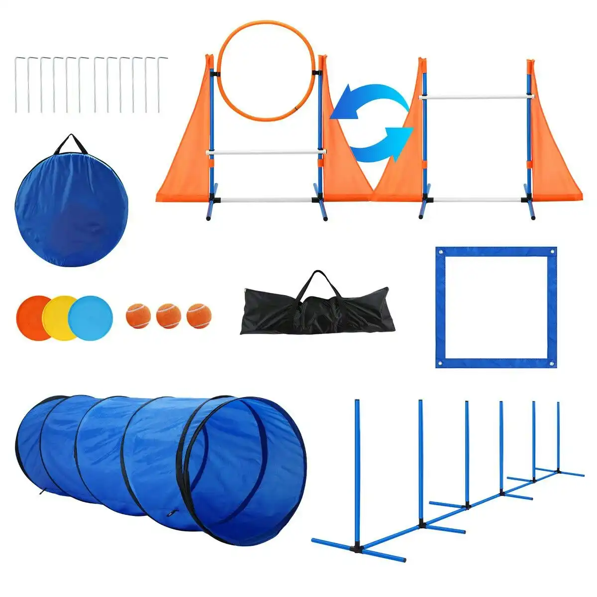 Pet Scene Dog Agility Equipment Obstacle Training Course 7 Set Pet Toys Supplies Hurdle Jump Tire Tunnel Pause Box Weave Poles Frisbees Balls Carry Bags