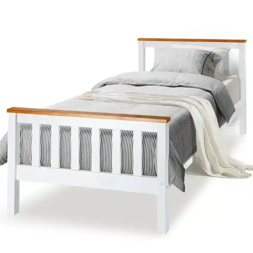 NNEMB White-Teak Accents Bed Frame With Mattress Single Indoor Furniture