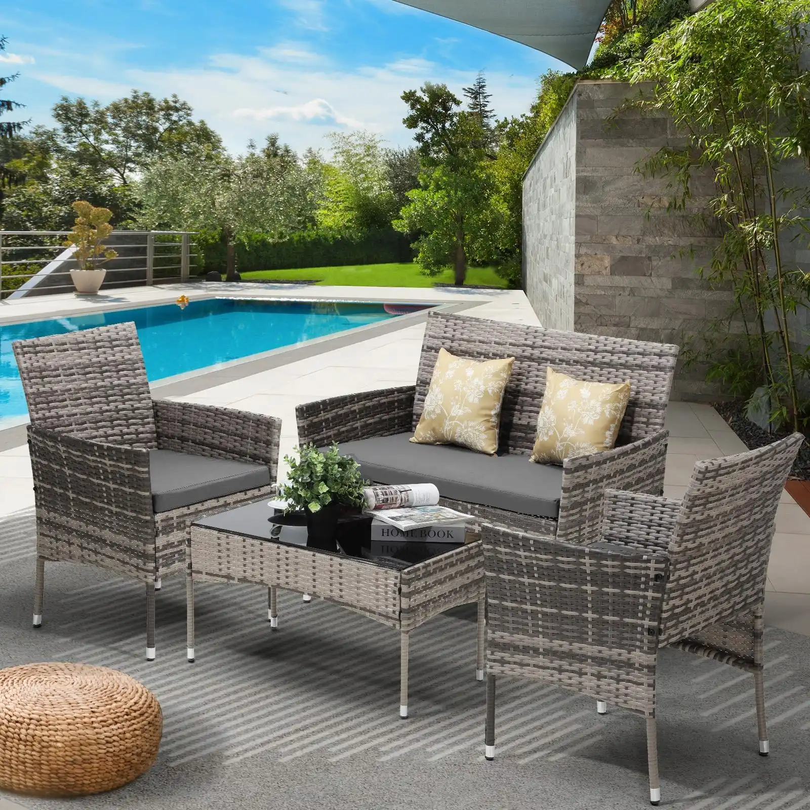 Livsip Outdoor Furniture 4-Piece Lounge Setting Chairs Table Wicker Set Patio