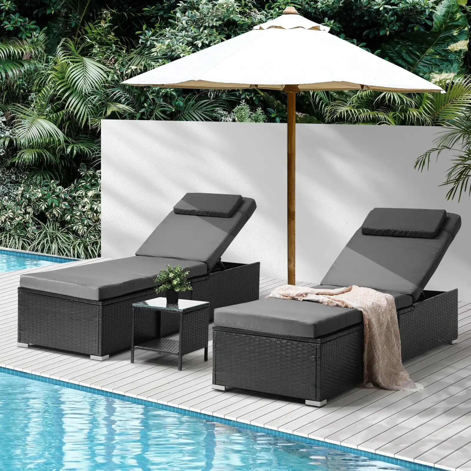 Livsip 2X Sun Lounge Wicker Lounger Table Setting Outdoor Furniture Day Bed