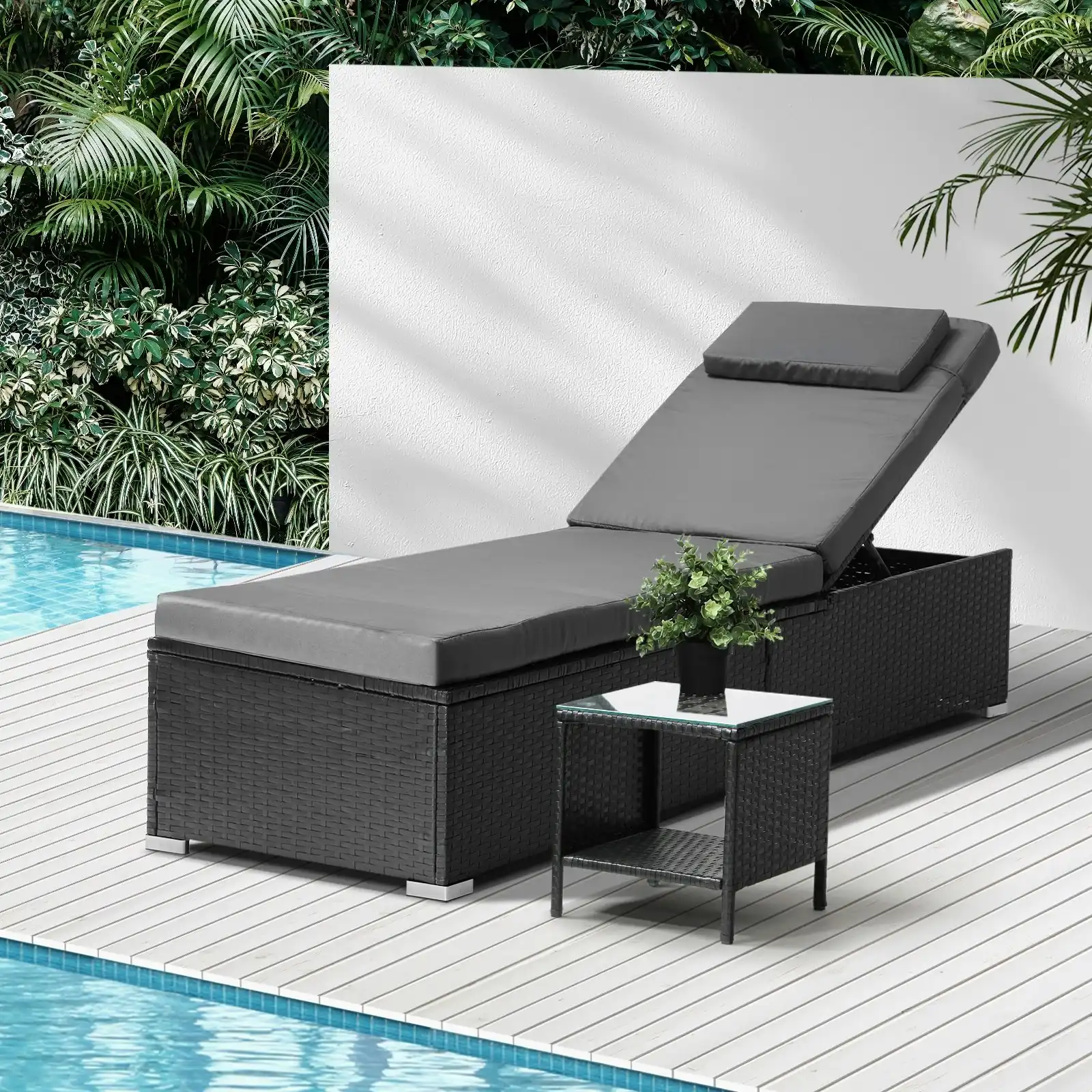 Livsip Sun Lounge Wicker Lounger Table Patio Furniture Outdoor Setting Day Bed