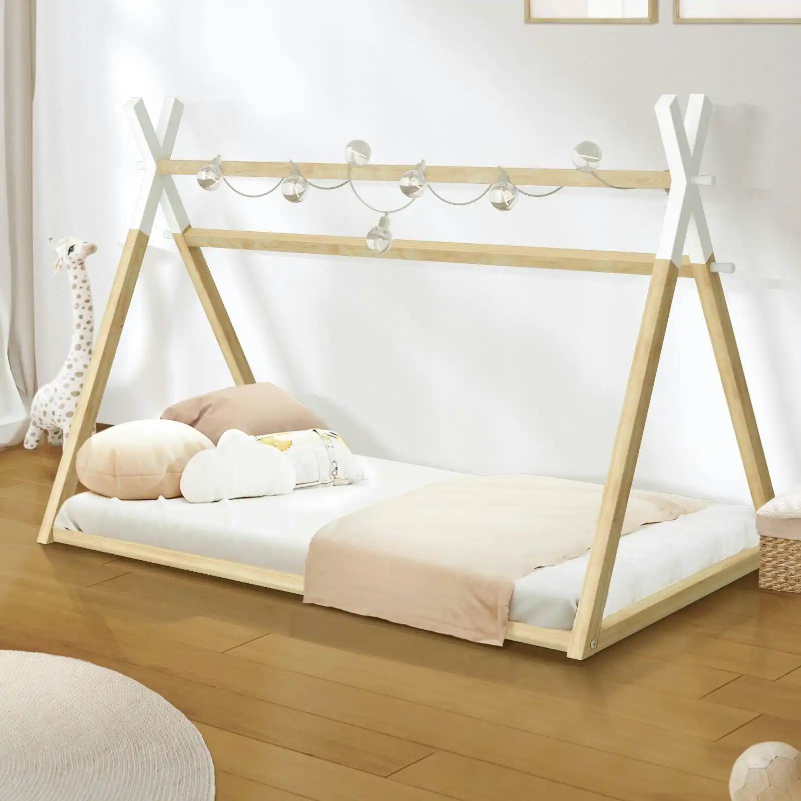 Oikiture Kids Bed Frame Wooden Timber King Single Teepee House Frame Beds