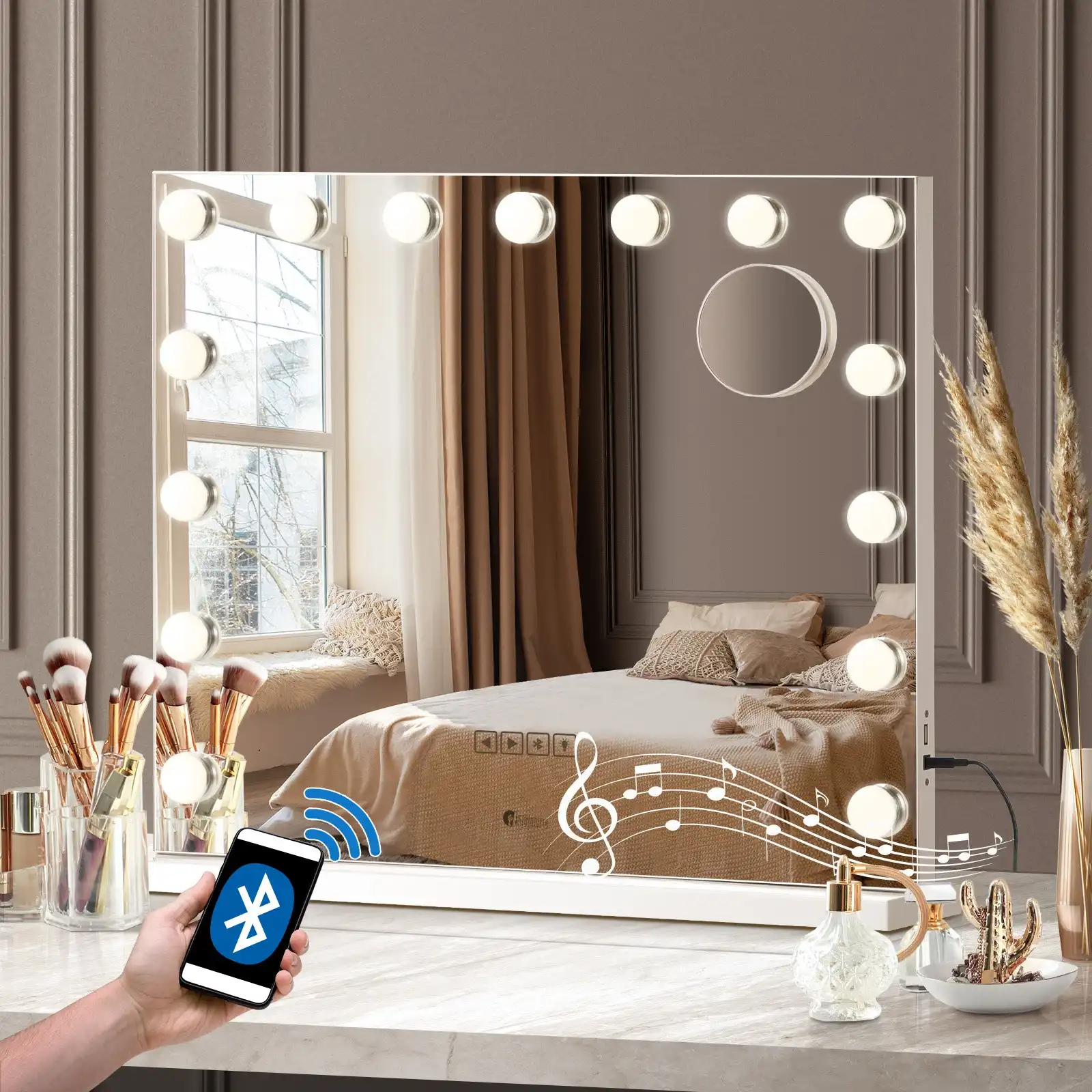 Oikiture Bluetooth Hollywood Makeup Mirrors with LED Light 58x46cm Vanity Mirror