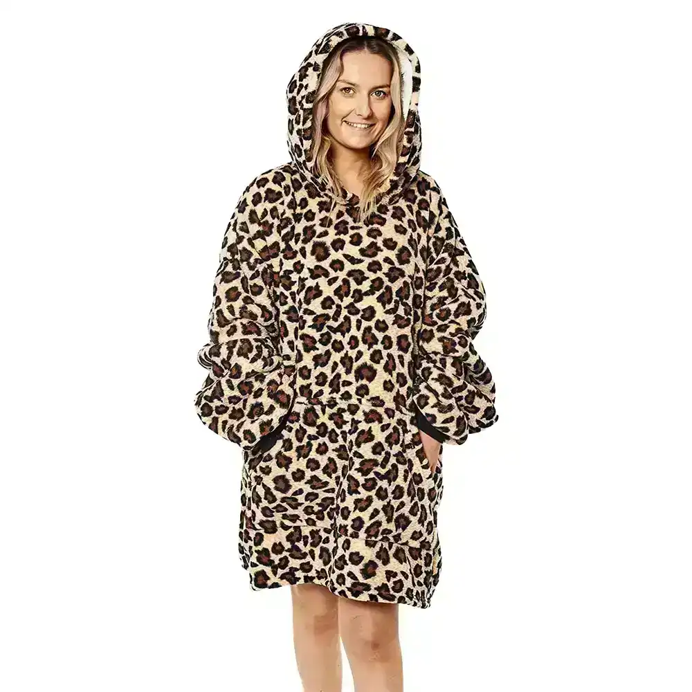 Hotto Premium Womens Hooded Blanket Cuddle Hoodie Ultra Soft One Size Leopard