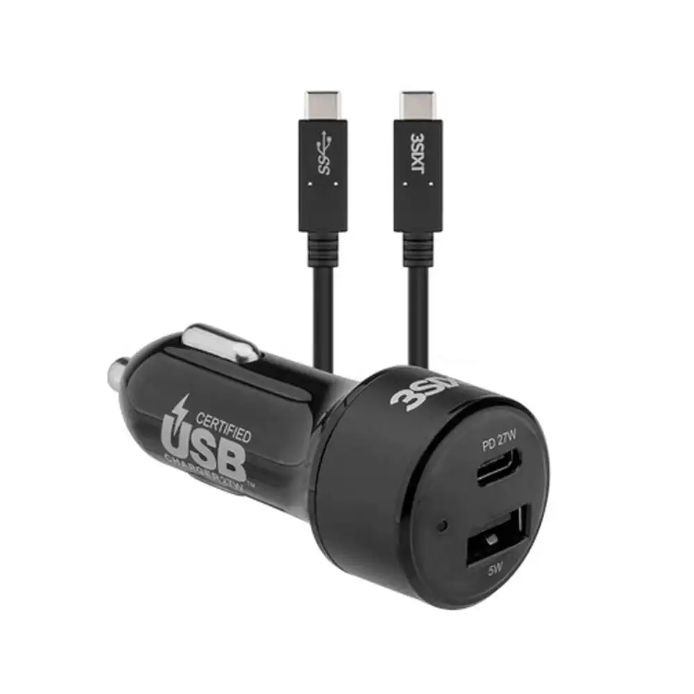 3sixT 1m 3S-1033 USB-C/USB-A 27W Car Socket Dual Charger/Charging w/Cable Black