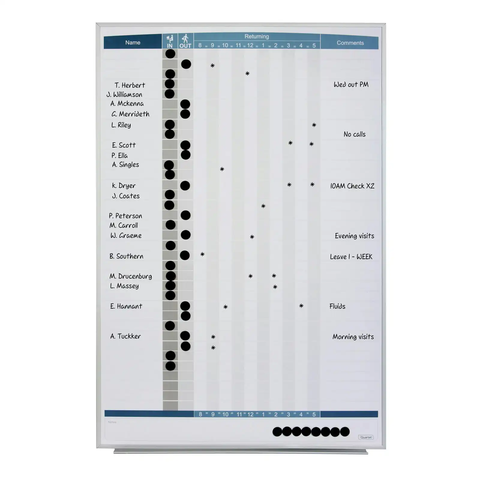 Quartet 86.5x58cm Magnetic In/Out Matrix Personnel Whiteboard w/ Dots/Marker