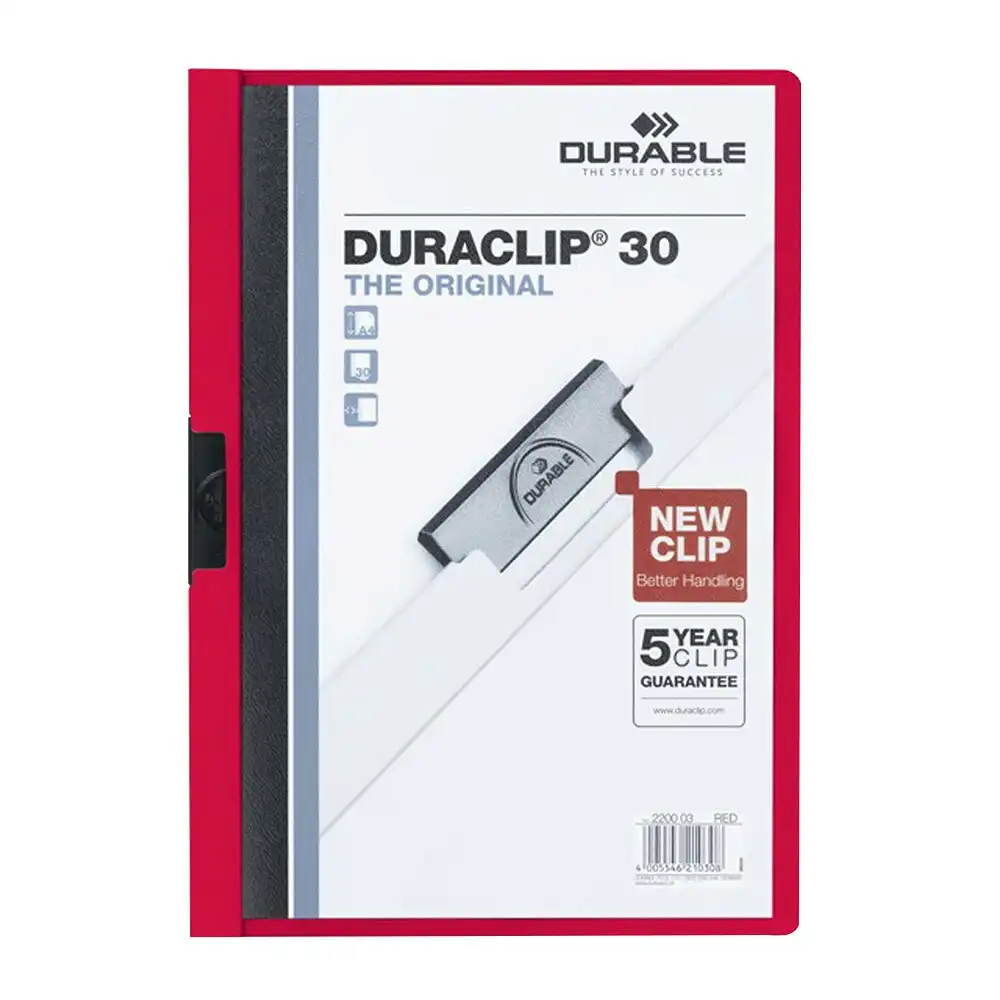 Durable Duraclip 30-Sheet A4 Document File Folder Stationery Paper Organiser Red