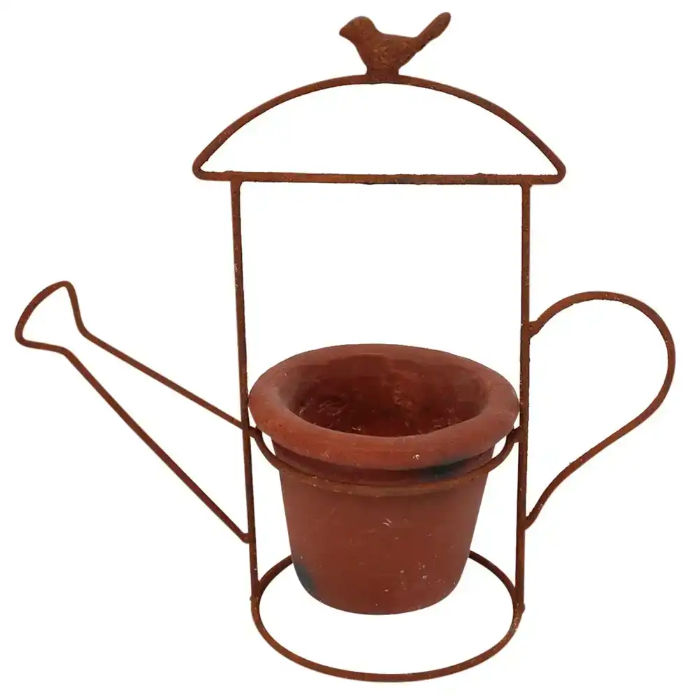 Planter 36cm Watering Can Metal/Terracotta Storage Plant/Flower Container Brown