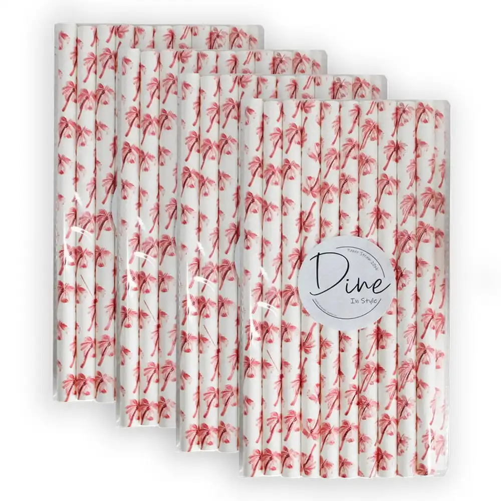 80pc Disposable 20cm Paper Drink Straw Birthday/Party Drinkware Palm Trees Pink