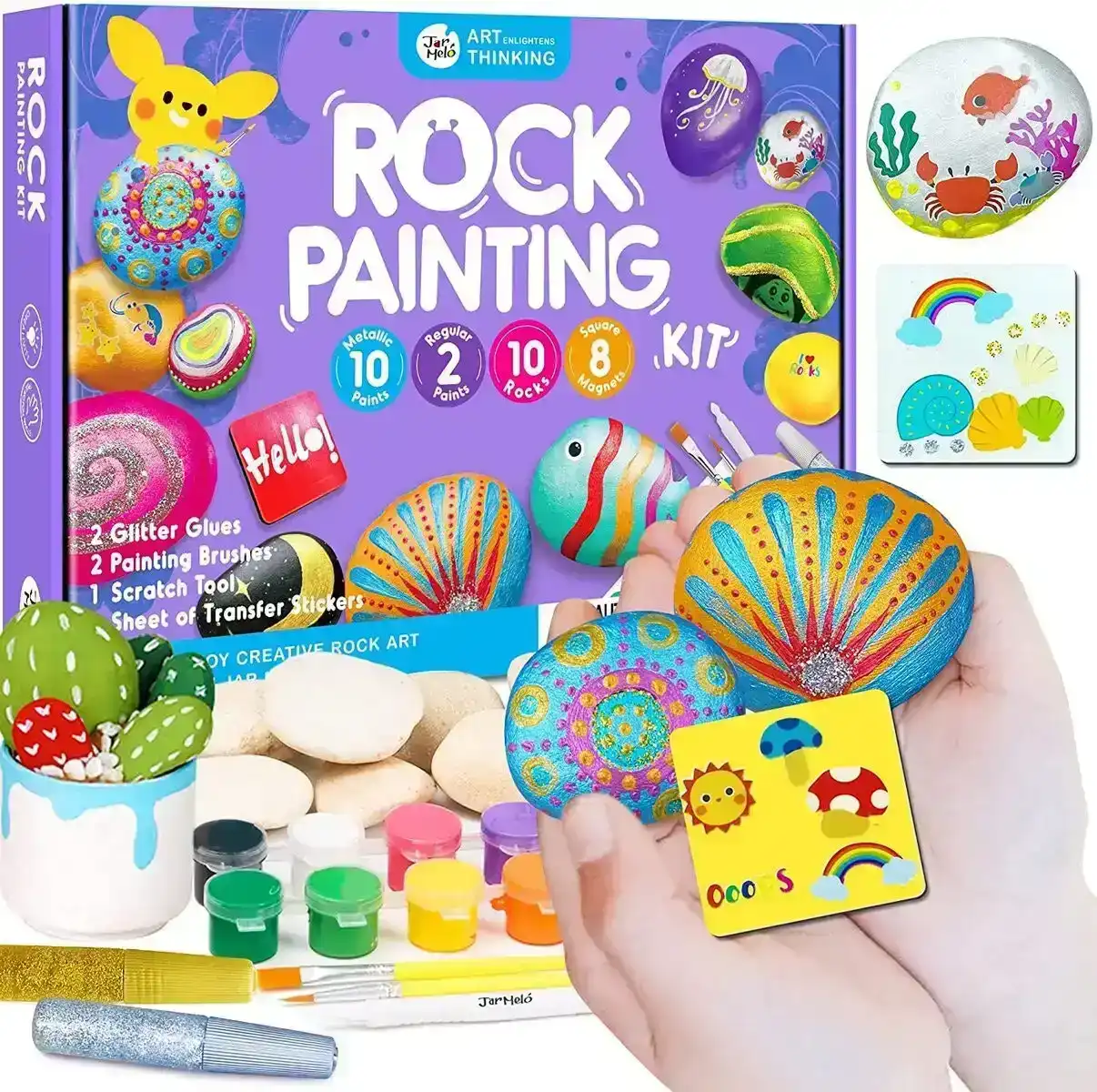 Jarmelo Rock Painting Kids Colouring Craft Kit Metallic Paints/Glitter Glue 3+