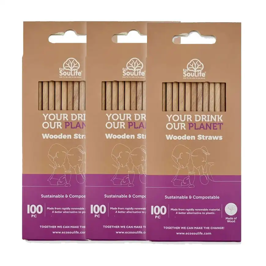 3x 100pc Eco Soulife Disposable/Compostable Biodegradable Wooden Drinking Straws