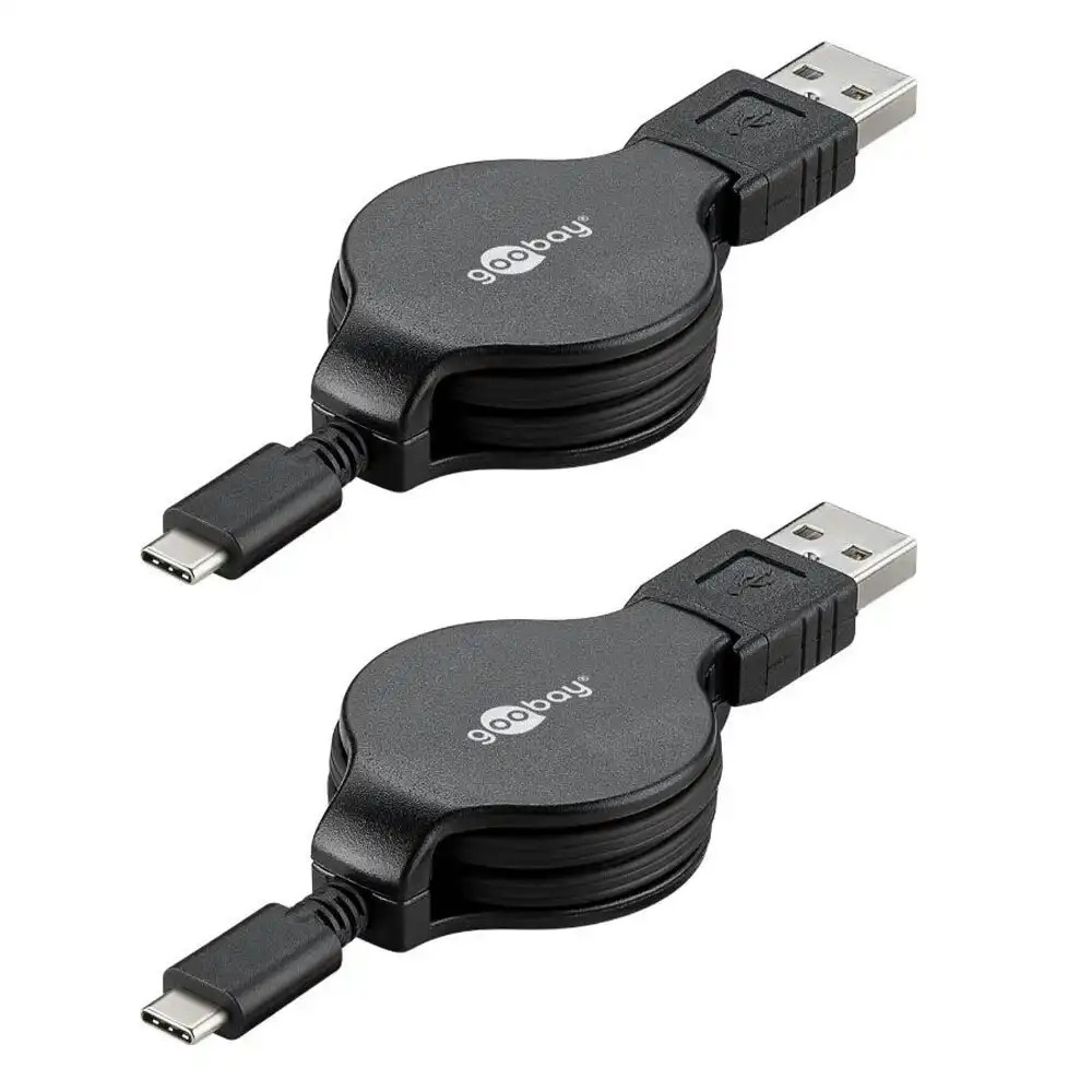 2x Goobay Charging & Sync 1m Retractable USB-A to USB-C Cable For Smartphone BLK