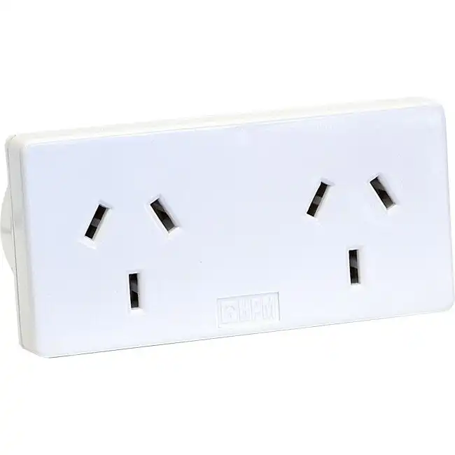 HPM Slim Right 10A Mains Power Slimline Twin/Double Powerpoint Adaptor White