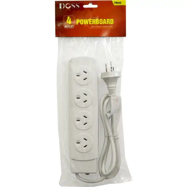 Doss 4-Way 2400W Powerboard 4 Outlets 1m Power Cord w/ Overload Protection White