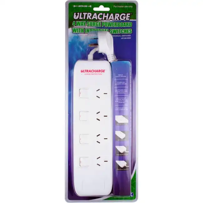 Ultracharge 4-Way Surge Powerboard 4 Outltets 1m Cord w/ Individual Switches WHT