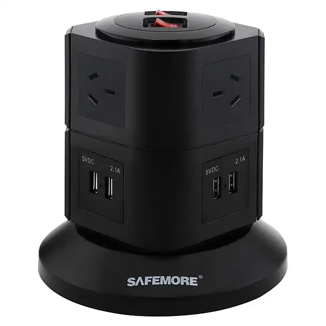 Safemore 6-Outlet Surge Powerboard Power Stacker w/ 2m Cord/4 USB Ports Black