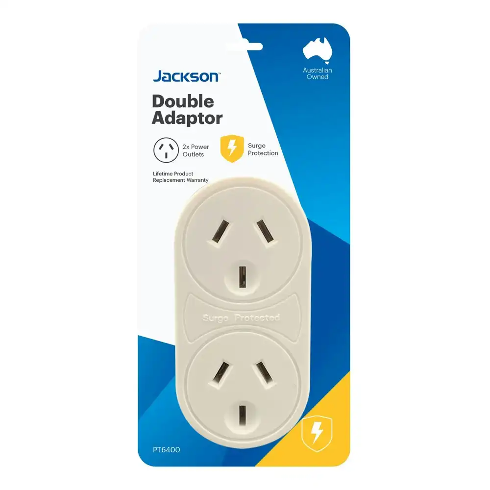 Jackson Double Power Wall Adapter AU/NZ Socket Outlet Surge Protection White