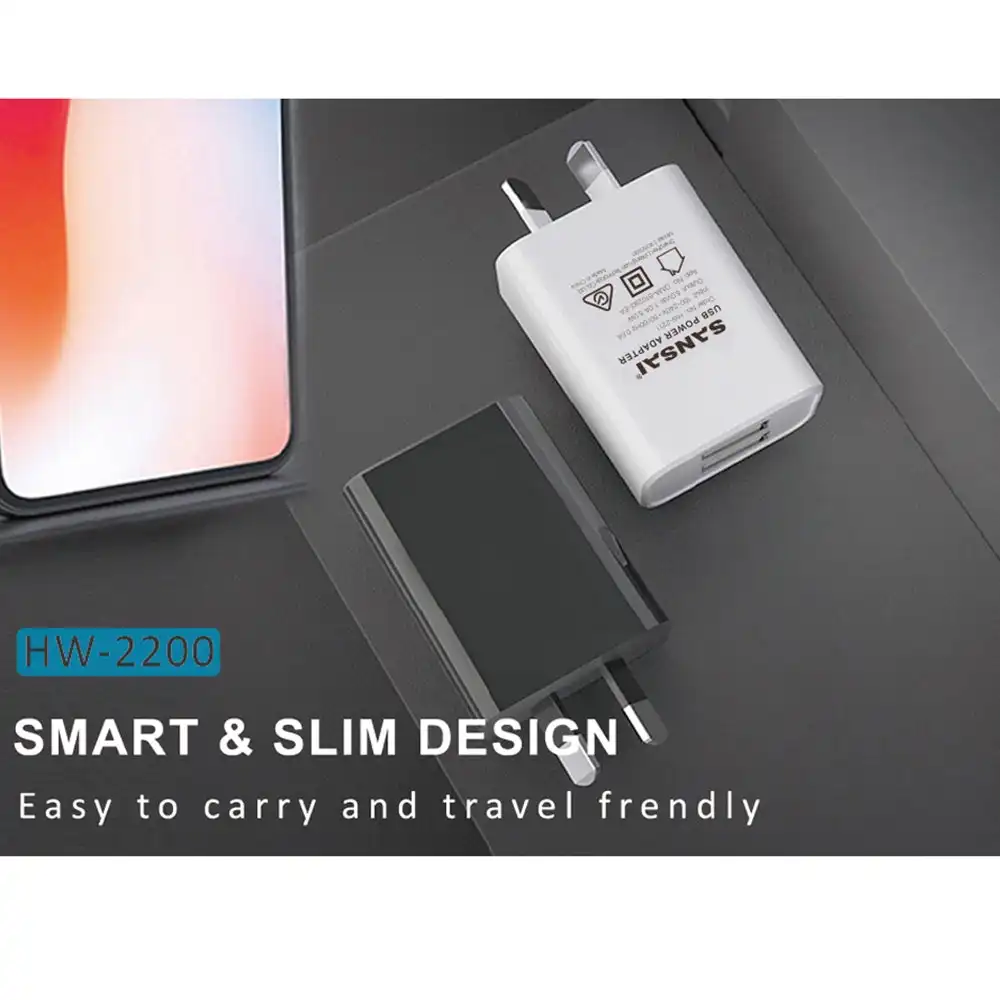2PK Sansai Dual USB 2.1A Phone Wall Charger Power Point Adaptor Slim Assorted