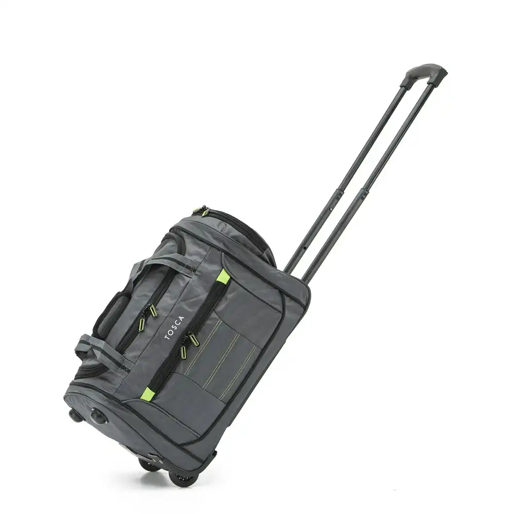 Tosca Small 48cm Duffle Bag Travel Luggage Trolley w/ Roller Wheels Grey/Lime