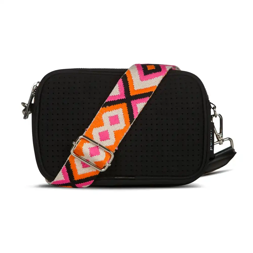 Punch Neoprene Premium Double Zip Shoulder Handbag Black w/Pink Orange Strap