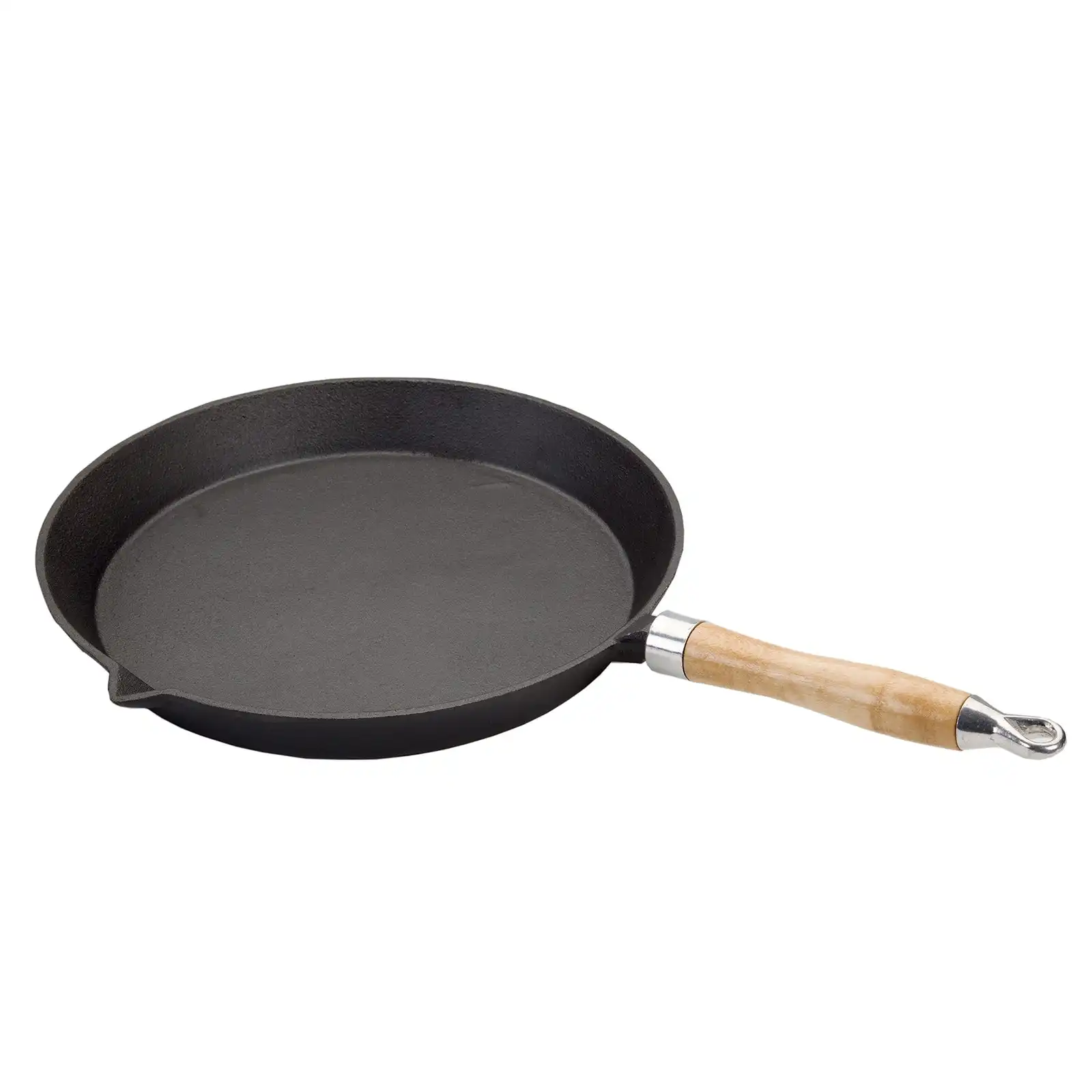 Wildtrak 29cm Cast Iron Frypan Camping Cookware Frying Pan w/ Wood Handle Black