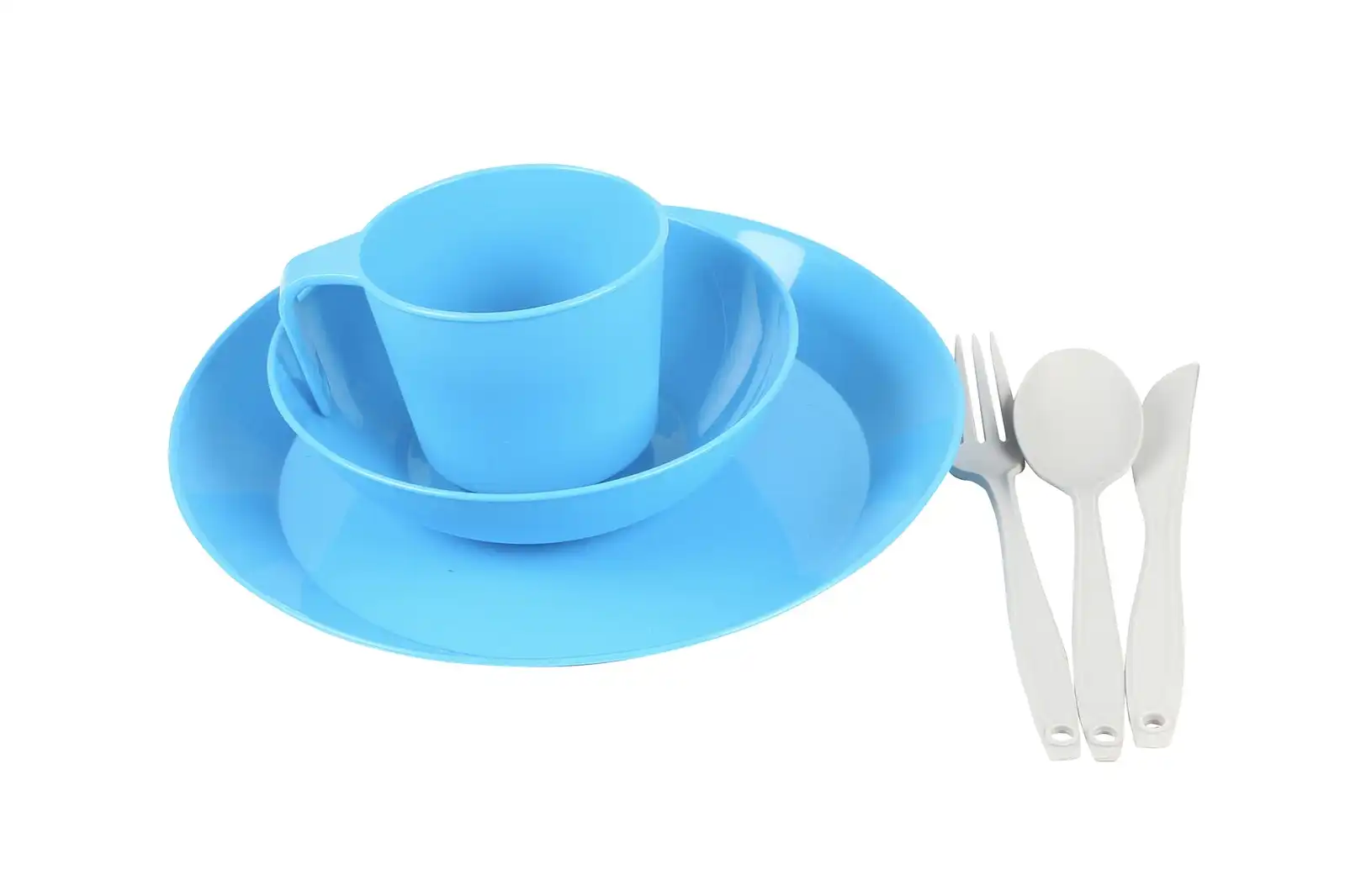 6pc Wildtrak Plastic Camp Dinner Set Plate/Bowl/Mug Spoon/Fork w/ Net Bag Blue