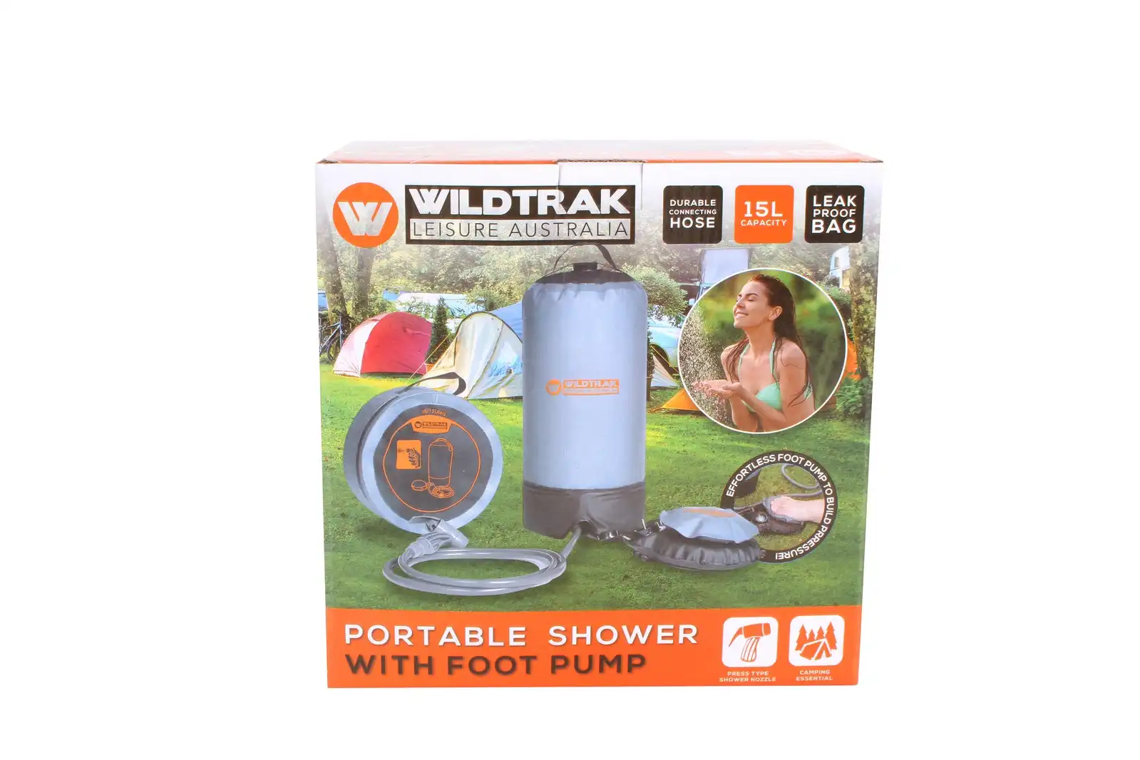 Wildtrak Heavy-Duty 15L Portable Shower Bag w/ Foot Pump Outdoor Camping Grey