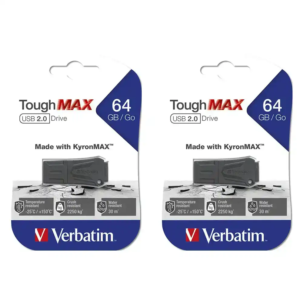 2PK Verbatim ToughMAX USB 2.0 Flash Drive 64GB Storage Stick For Laptop/PC Black