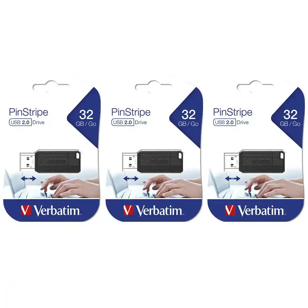 3PK Verbatim Store'n'Go Pinstripe 32GB USB Storage Stick Drive For Laptop/PC BLK
