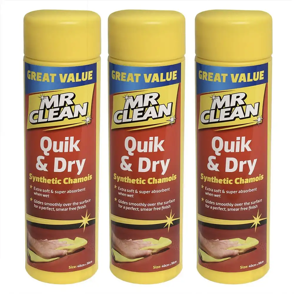 3PK Mr Clean Quik & Dry Synthetic Car/Window Cleaner Chamois/Shammy Cloth 40cm