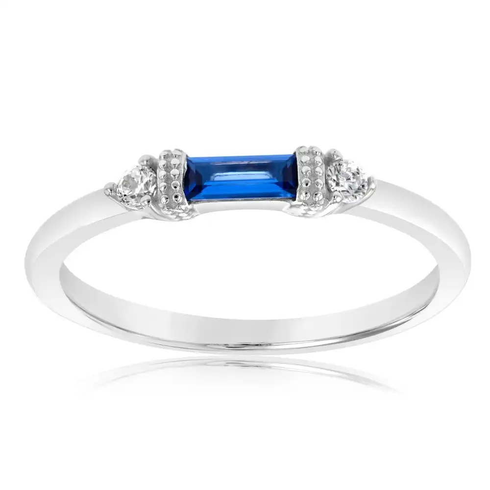 Sterling Silver Rhodium Plated Sapphire White Cubic Zirconia Ring