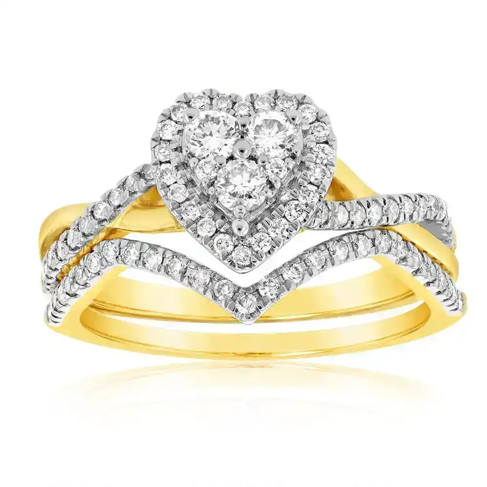 9ct Yellow Gold 1/2 Carat Diamond Bridal 2-Ring Set with Heart Shape Cluster