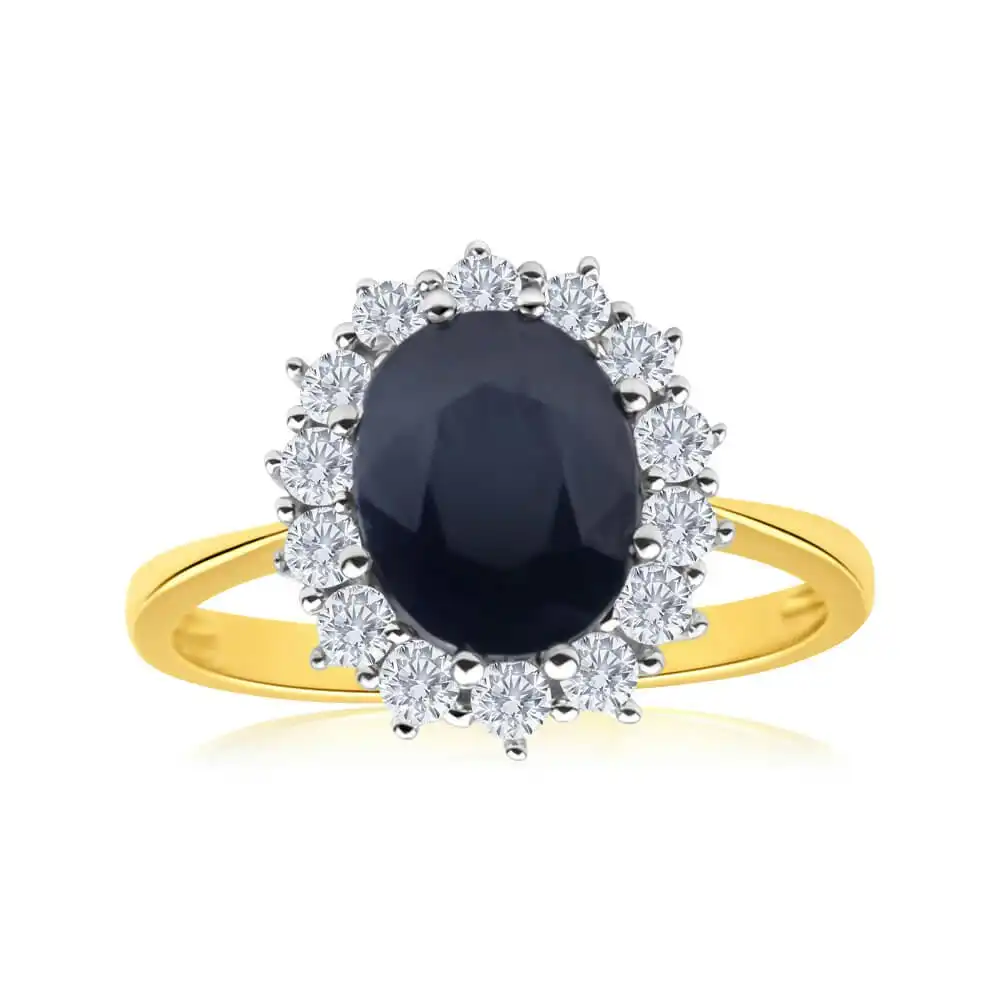 9ct Yellow Gold Natural Sapphire + Zirconia Ring