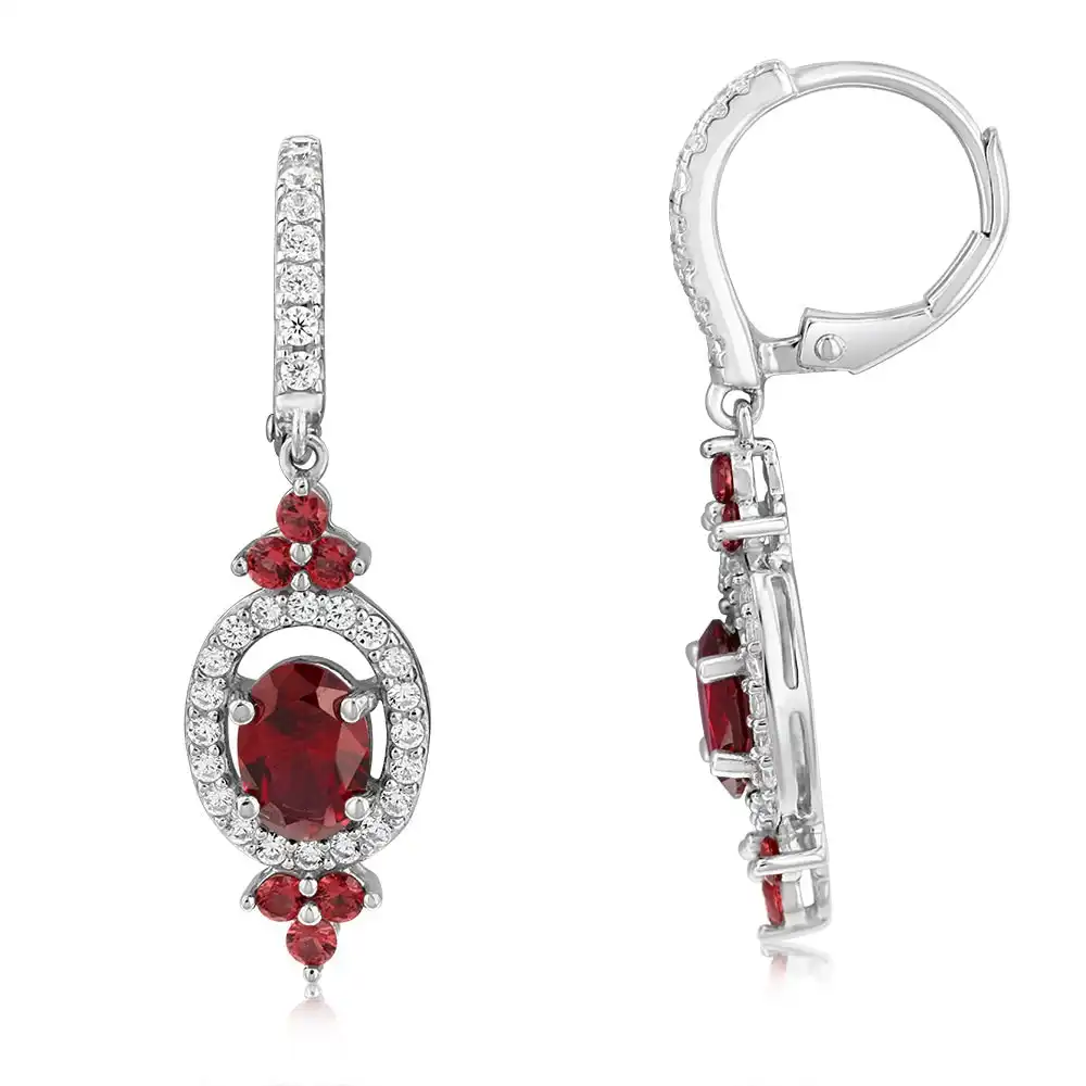 Sterling Silver Rhodium Plated Red Stone White Cubic Zirconia Drop Earrings