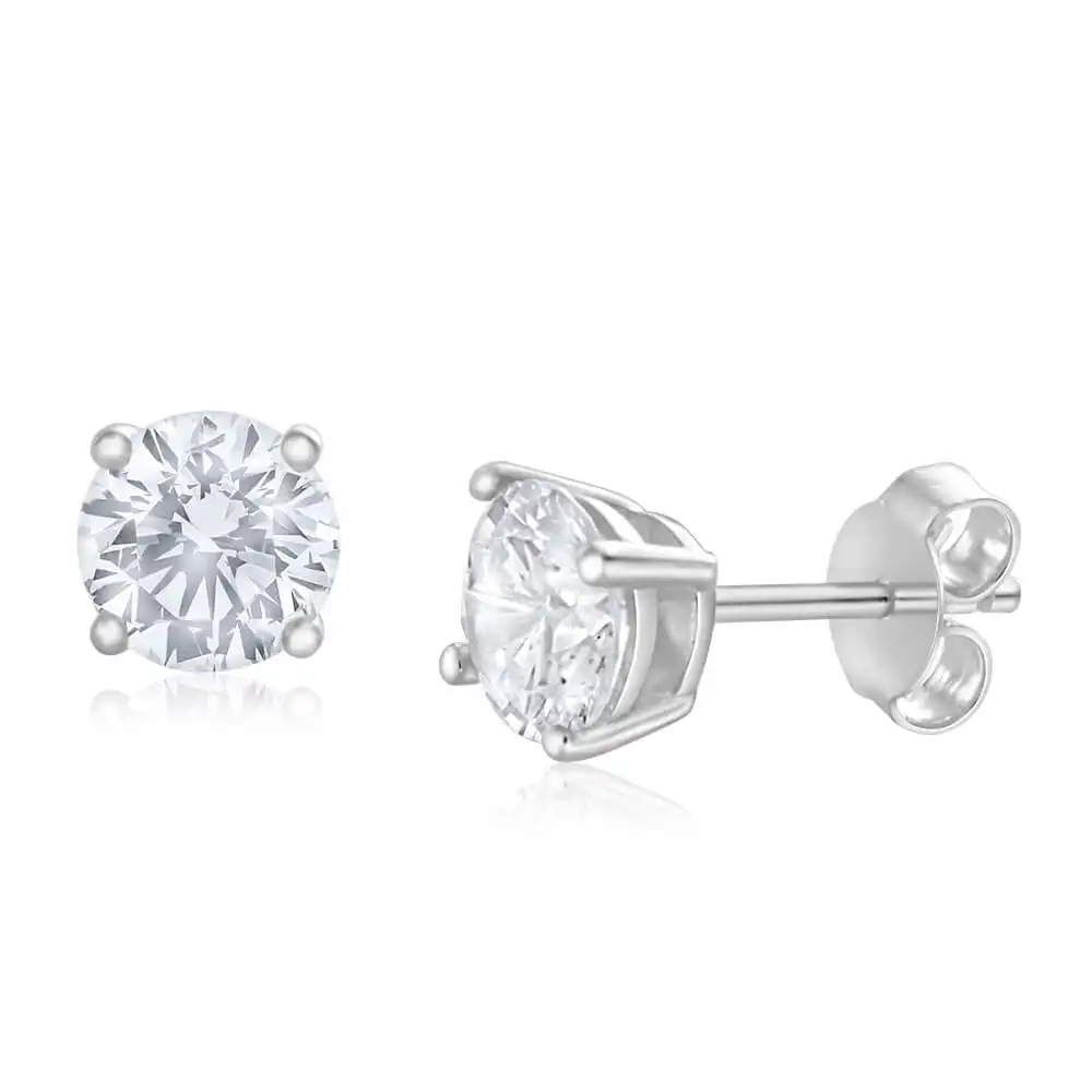 Sterling Silver Zirconia Round 6.55mm White  Stud Earrings