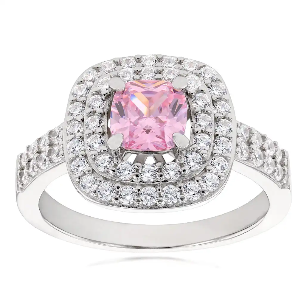Sterling Silver Rhodium Plated White & Light Pink Cubic Zirconia Cushion Ring