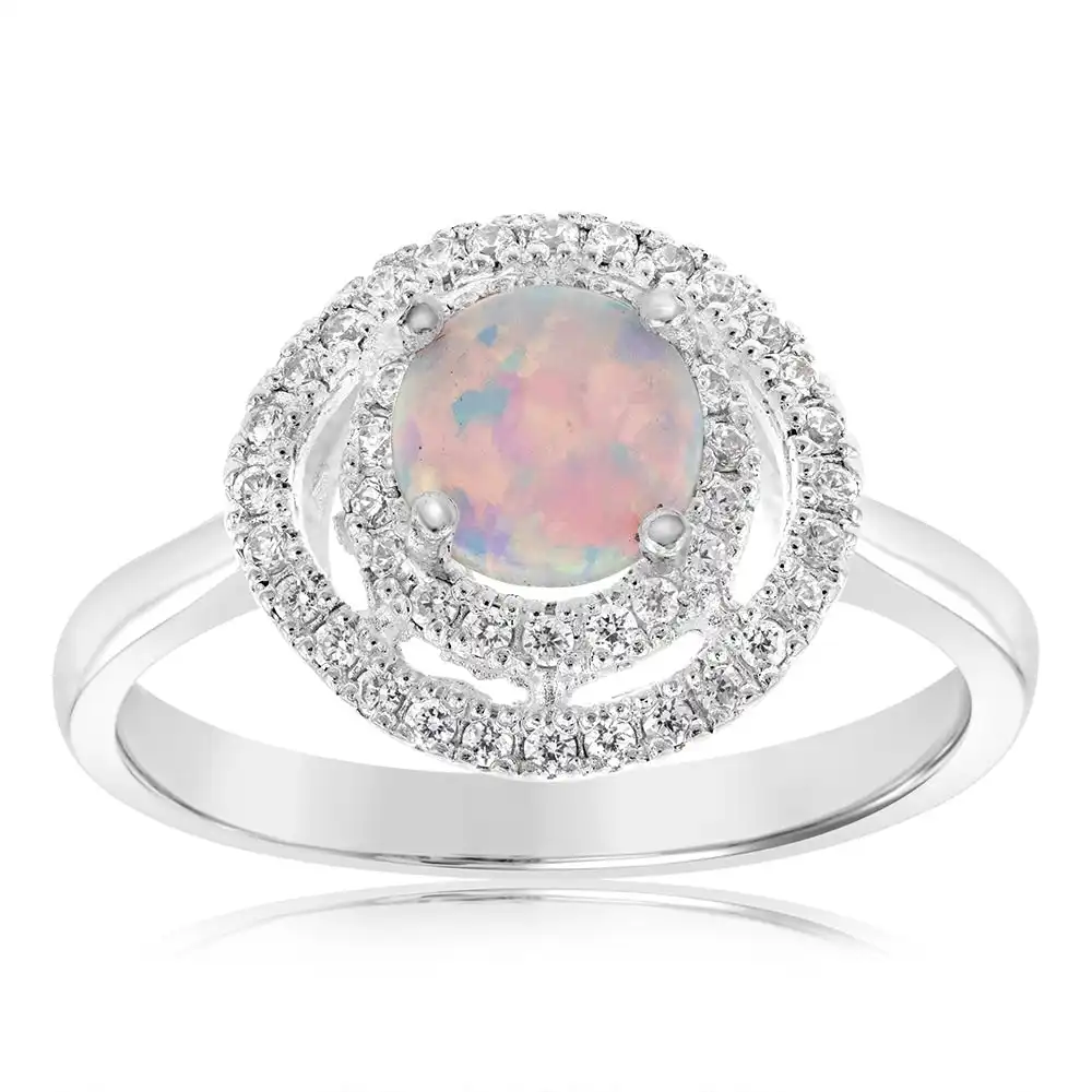 Sterling Silver Cubic Zirconia Created Opal Round Ring