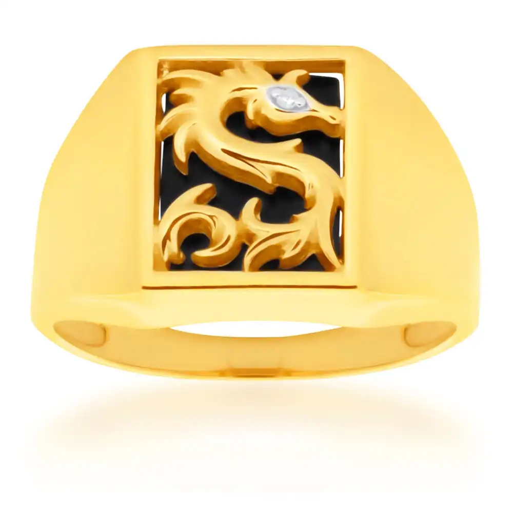 9ct Yellow Gold Onyx and Diamond Dragon Gents Ring