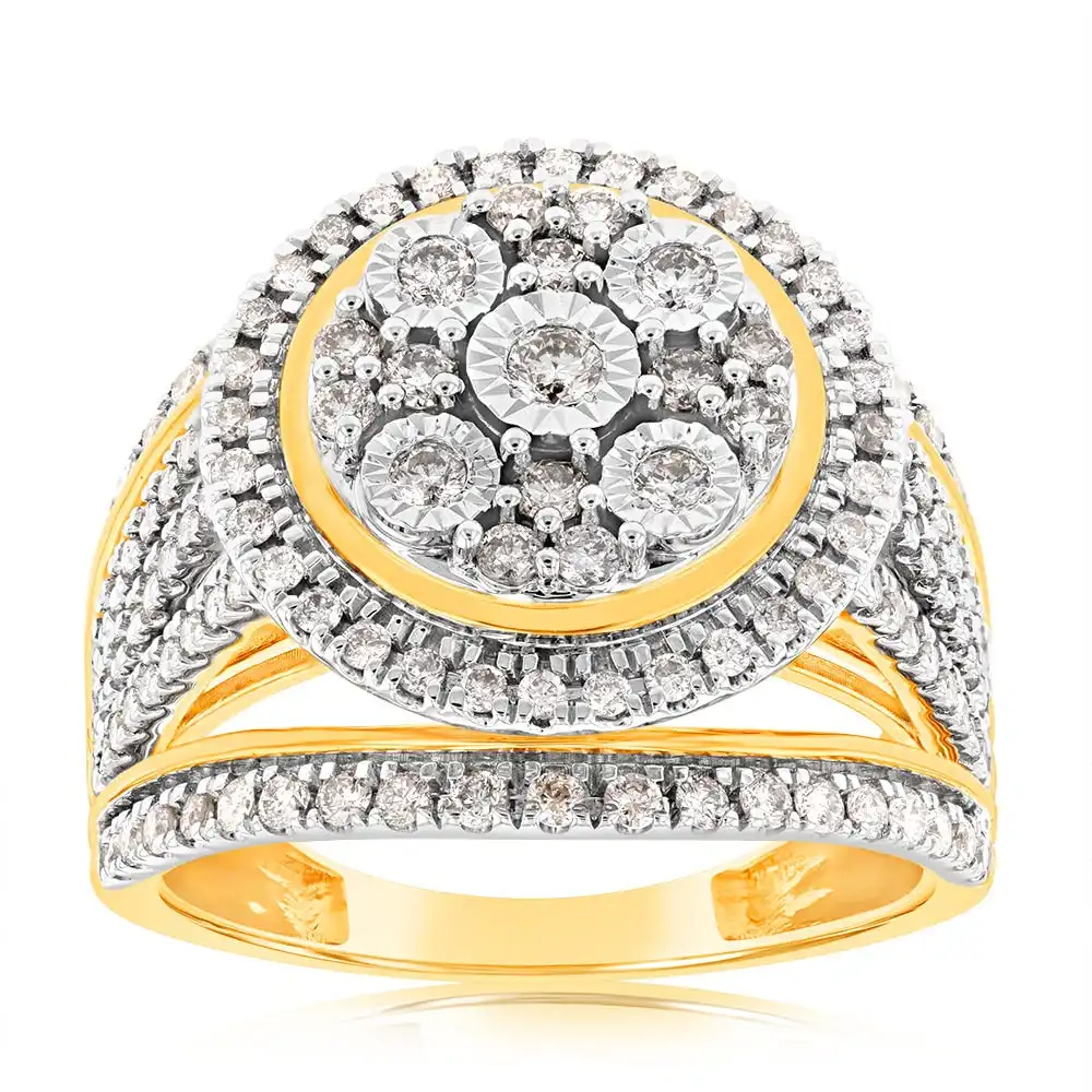 9ct Yellow Gold 1 Carat Diamond Round Cushion Shape Cluster Dress Ring